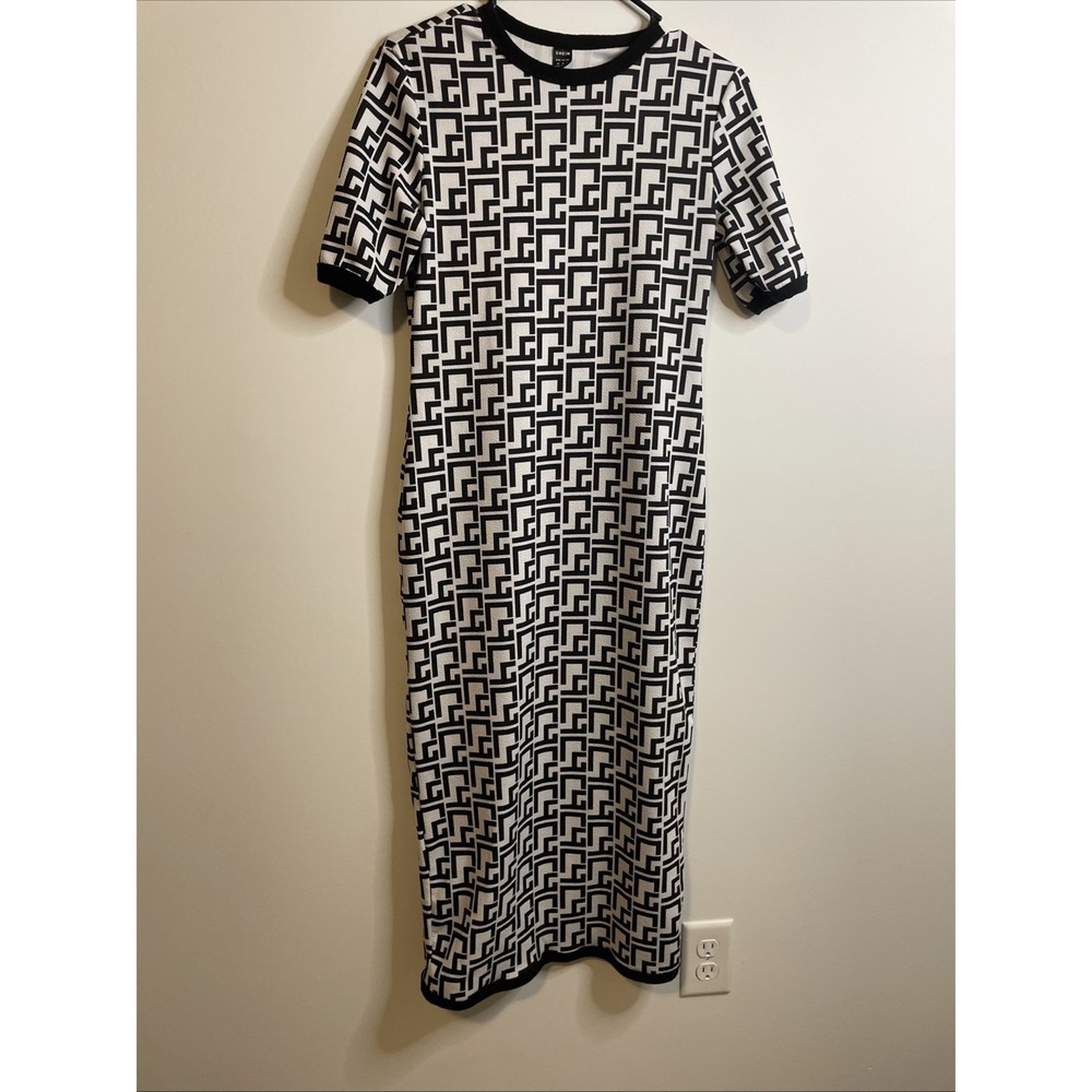 SHEIN Geometric Dress Womens M Black White Mod Bodycon Short Sleeve